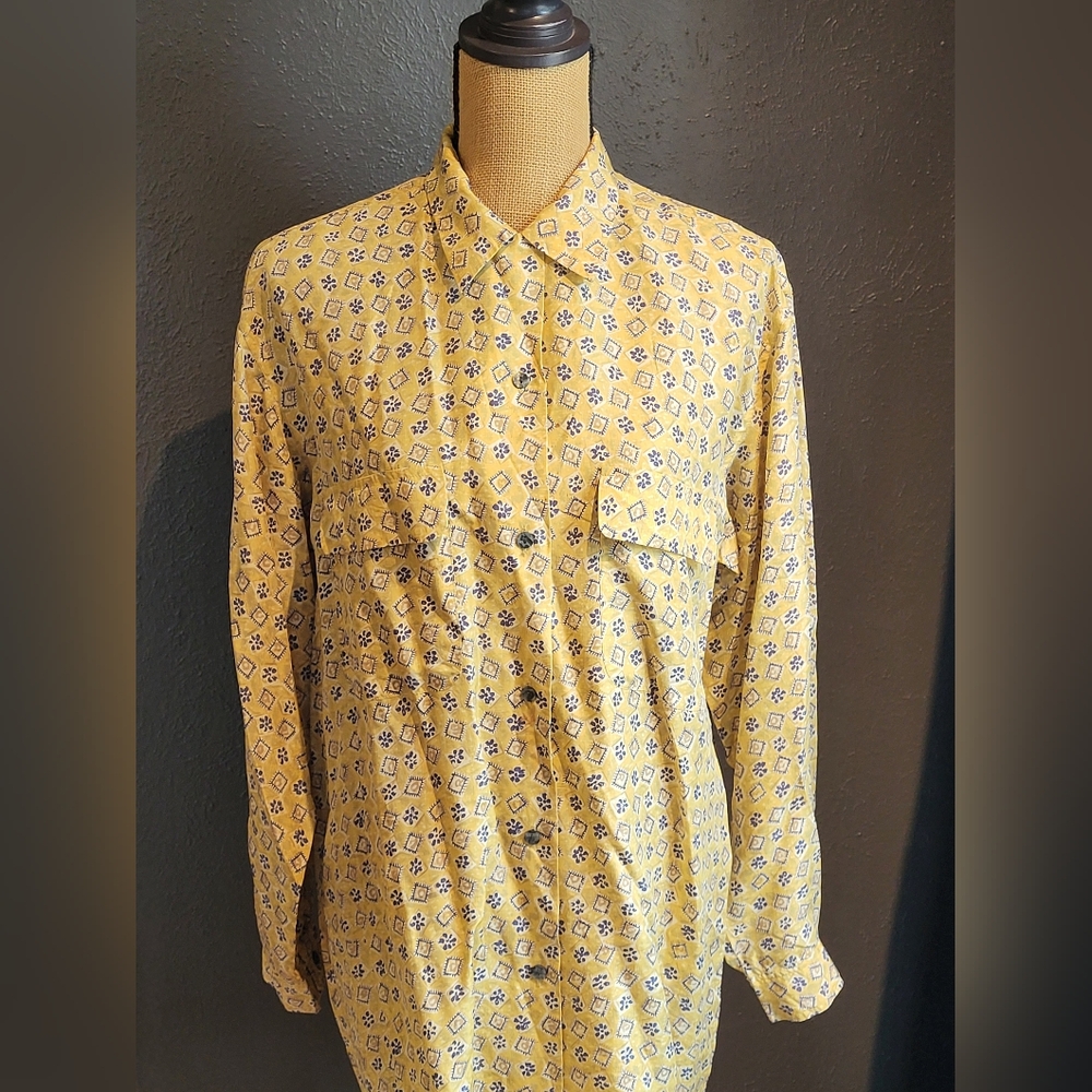 Côte De France Yellow/Blue Silk Medium Button-up Blouse